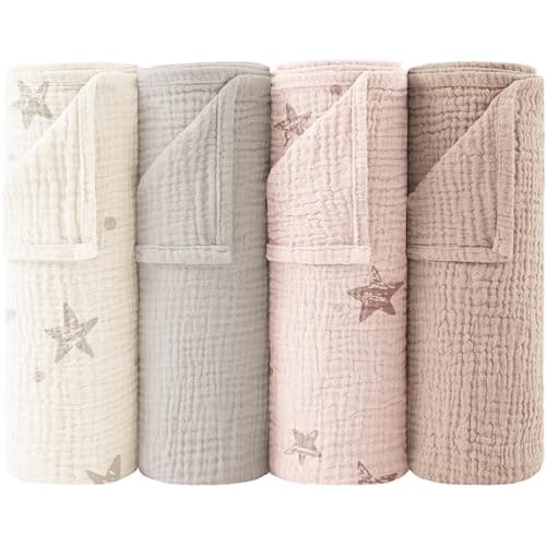 Bearmoss Moltontücher Baby 100% Baumwolle Weiche Spucktücher Baby,Atmungsaktiv und Extrem Saugfähig Musselin Tuch für Saugstark Mulltücher 4er 60x60cm (Rosa Druck)