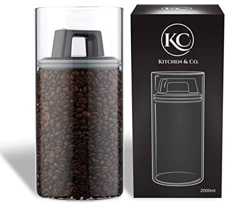 Kitchen&CO. Kaffeedose mit Vakuumdeckel, Luftdichte Aufbewahrung, Vorratsdose luftdicht, Kaffeedose aus Glas, BPA-frei, Borosilikatglas Behälter, nachhaltige Aufbewahrung, (2000 ml) Öko