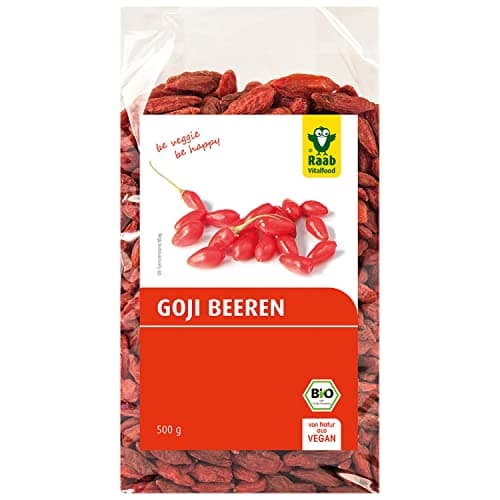 Raab Vitalfood Bio Goji-Beeren, Premium-Qualität, rückstandskontrolliert, laborgeprüft, ungeschwefelt, ohne Zusätze, vegan, reich an natürlichem Eisen Kalium Vitamin C, Wolfsbeere, 1er Pack (500 g) Bio Öko Vegan