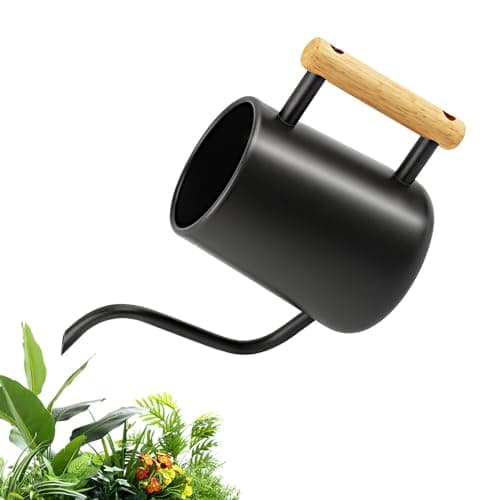 Gießkanne Klein 1L, Giesskanne Zimmerpflanzen mit langem Auslauf und komfortablem Holzgriff, Edelstahl Gieskanne für Topfpflanzen Sukkulenten, Schwarz Gartengießkanne für Drinnen, Watering Can