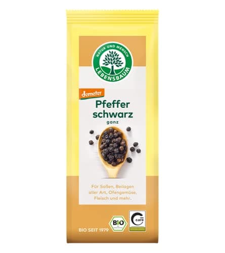 Lebensbaum Schwarzer Pfeffer, fruchtig scharfer Genuss, Bio-Pfeffer für Sossen, Beilagen aller Art, Ofengemüse & Fleisch, ganz, 50 g Bio