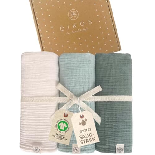 DIKOS® Baby Mulltücher 3er Premium Set – 64x64cm – weiche & saugstarke Spucktücher aus Bio-Baumwolle (GOTS, Oeko-TEX) – Musselintücher in Creme, Mint & Salbeigrün – schönes Babygeschenk zur Geburt Bio Öko