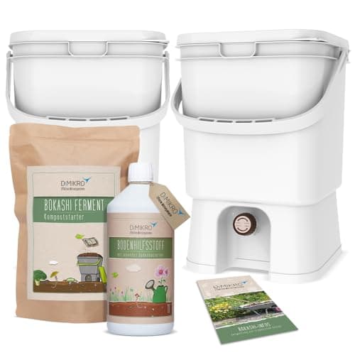 Bokashi Eimer Starterset - Japanisches Design - 2 Eimer + Bokashi Ferment + EM aktiv + Bokashi Broschüre (Weiß)