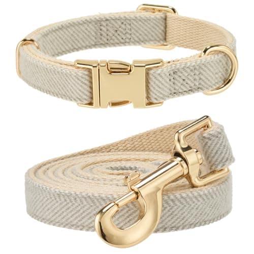 YUDOTE Hundehalsband und Leine Set Klein, Weiche Reizfreie natürlicher Baumwolle mit Twillgewebe für Hund mit empfindlicher Haut, Grau Bio