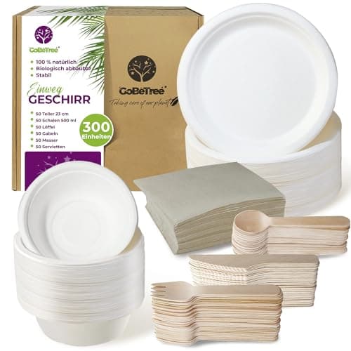 Einweggeschirrset mit 300 Teilen für 50 Personen. Ökologisches Geschirr aus Zuckerrohr, bestehend aus 50 Tellern, 50 Schüsseln, 150 Besteckteilen aus Birkenholz und 50 recycelbaren Servietten. Bio Öko