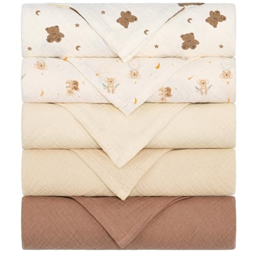 Yukkidds Mulltücher Baby Spucktücher 100% Baumwolle Spucktuch 60x60 cm Saugfähig und Atmungsaktive Wickeltücher Musselintücher 5er Set für Neugeborene Junge und Mädchen Brauner Bär