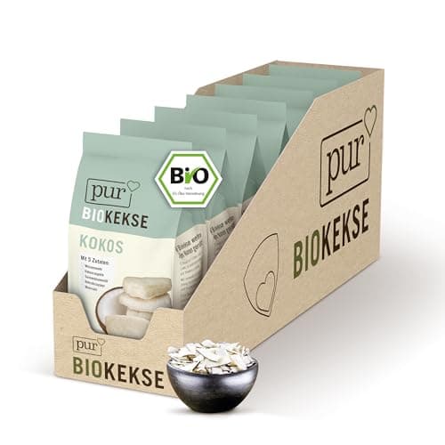 Pur Bio Kekse mit Kokosraspeln, 7 x 125g Beutel, Kokos Kekse Großpackung, leckerer veganer Snack als Knabberartikel, Keksgebäck mit nur 5 natürlichen Zutaten, bio, vegan - Bio - Öko - Vegan