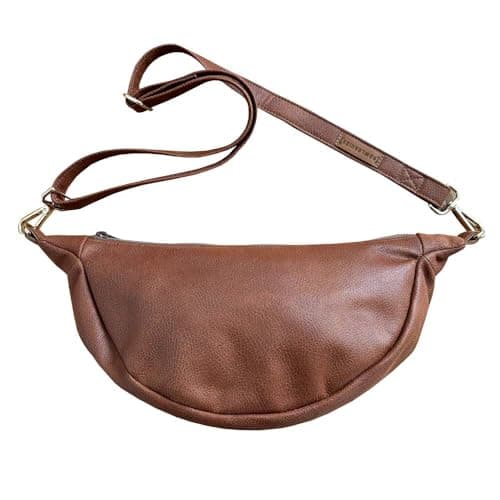 Bowleanies Taschen Moon Bag aus Lederfaserstoff - Halbmond Tasche - Halrunde Umhängetasche - Waschbar - Handmade in Deutschland - Nachhaltig und Fair produziert (Braun Gold) Öko