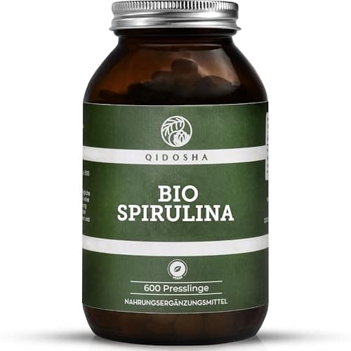 QIDOSHA® Bio Spirulina Tabletten, 600 Stk/Glas, 500mg/Pressling, 4000mg/Tagesportion, aus nachhaltiger Mikroalgen-Kultivierung mit Bio-Zertifizierung, deutsche Fertigung, jede Charge laborgeprüft Bio Öko Vegan