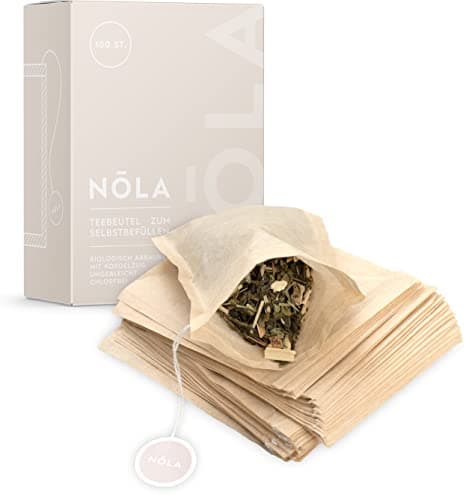 NOLA Einweg Teebeutel für losen Tee (100 Stück) - biologisch abbaubar & recyclebar - mit Kordelzug - 9,5 x 8 cm - auch für Teekannen geeignet, Braun Bio Öko