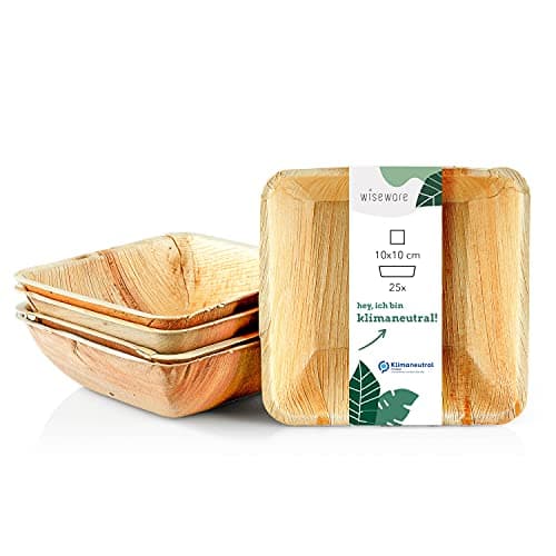 Wiseware Palmblatt Teller tief - 25 Stück tiefe Einwegteller quadratisch tief 100ml - biologisch abbaubare Servierschale - kompostierbares Partygeschirr - Salatschale - Einweggeschirr (10x10cm) Bio Öko
