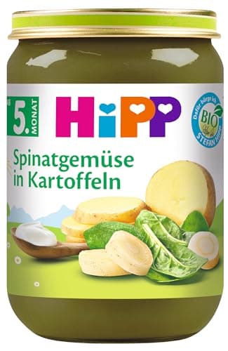 HiPP Bio Spinatgemüse mit Kartoffeln (6 x 190g), für Babys ab 5. Monat, ohne Salzzusatz, mit Omega-3, das Gemüse-Gläschen ideal zum Beikoststart, in bester Bio-Qualität Bio