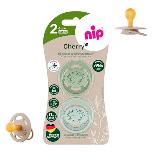 nip Cherry Schnuller 2er Pack, flacher Sauger in Kirschform Naturkautschuk, stillfreundlich, BPA-frei, nachhaltig, 6 Monaten +, ZAHNFREUNDLICH, BEWÄHRT UND BELIEBT Öko