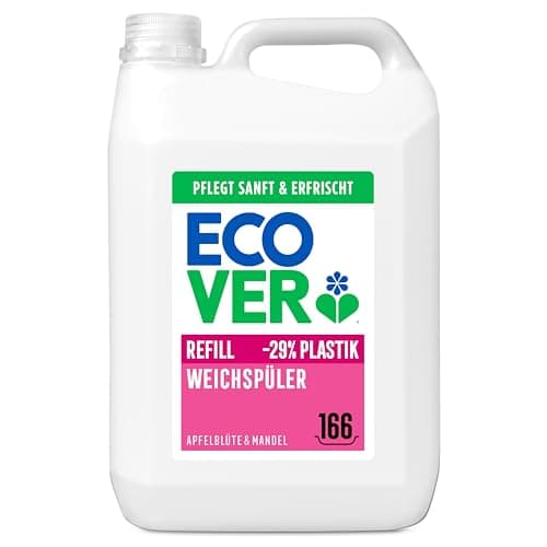 Ecover Weichspüler Nachfüllpack, sorgt für weiche und geschmeidige Wäsche, Apfelblüten- und Mandelduft, 166 Wäschen, 1 x 5L Bio Öko Vegan