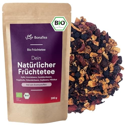 BIO Natürlicher Früchtetee lose ohne Aromastoffe, Mild und Natürlich mit Sanddornbeeren, Holunderbeeren und Aroniabeeren, 200g Bio Öko