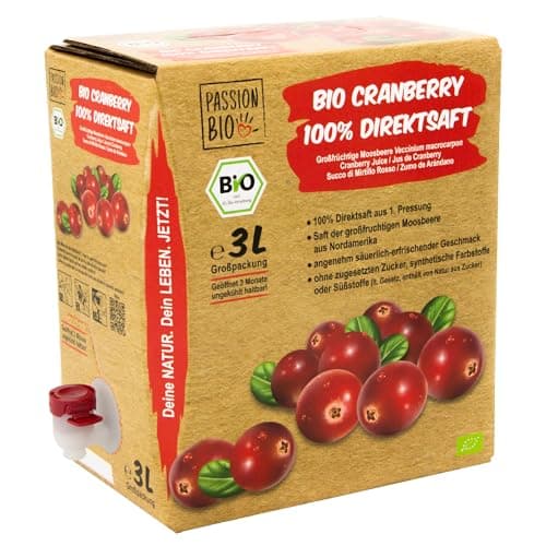 Bio Cranberrysaft, 3 Liter - 100% Bio Cranberry Direktsaft aus Kanada - abgefüllt in Deutschland - ohne zugesetzem Zucker (lt. Gesetz), enthält von Natur aus Zucker Bio Öko