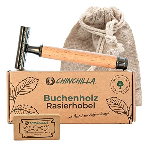 Chinchilla® Rasierhobel Buchenholz Made in Germany | nachhaltiger Nassrasierer für Damen & Herren | inkl. 10 Rasierklingen & Beutel | Zero Waste & plastikfrei Öko
