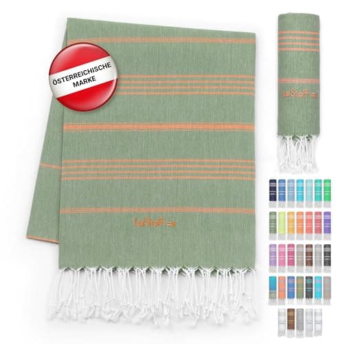 LeStoff Hamamtuch - 100% Bio-Baumwolle, 95 x 180 cm, Vorgewaschen, Saugstark, Schnelltrocknend, Leicht, Kompakt, Sporthandtuch, Fitness Handtuch, Yoga Handtuch, Handtuch groß (Olive - Orange) Bio Öko