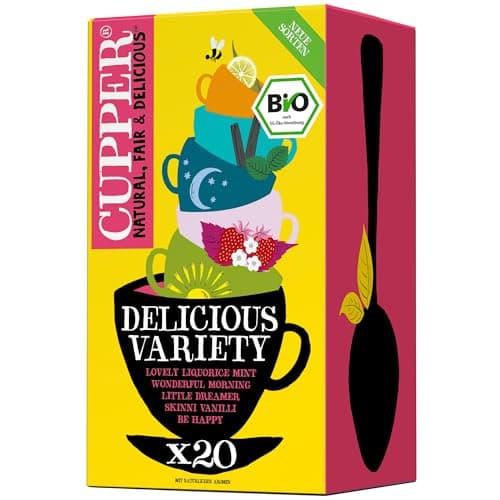 Cupper Bio Tee Set Delicious Variety, 20 verschiedene Sorten Kräutertee und Früchtetee, 20 ungebleichte Teebeutel Bio