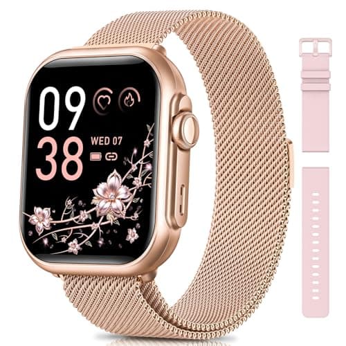 Sanorum Smartwatch Damen mit 1000mAh Akku, 1,85’’ AMOLED Fitnessuhr Damen mit Telefonfunktion/5ATM Wasserdicht/120+ Sportmodi/Herzfrequenz/SpO2/Blutdruck, Smartwatch für Android iOS, Roségold Öko