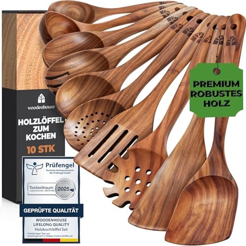 Kochlöffel Holz Set - Holzkochlöffel 10 Stück aus Teakholz - Holzlöffel, Pfannenwender Holz und weitere Kochbesteck Set - Natürlich & Perfekt für Antihaft. Leicht & Hitzebeständig Küchenutensilien