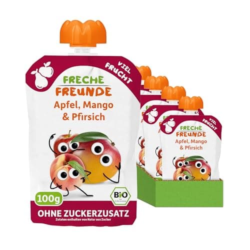 FRECHE FREUNDE Bio Quetschie Apfel, Mango & Pfirsich, Fruchtmus mit Obst im Quetschbeutel für Babys ab dem 6. Monat, vegan, 6er Pack (6 x 100g) Bio Vegan