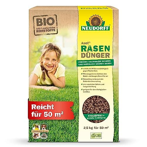 Neudorff Azet RasenDünger – Bio Rasendünger für 50 m² sorgt für eine dichte, grüne und strapazierfähige Rasenfläche mit 6 Monaten Langzeitwirkung, 2,5 kg Bio Öko