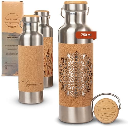 Salty Mind Edelstahl Trinkflasche 750ml - Nachhaltige, isolierte Thermo Wasserflasche Edelstahl auslaufsicher - Iso Flasche ohne Schadstoffe, BPA frei - Thermotrinkflasche (Mandala-Lasercut) Öko