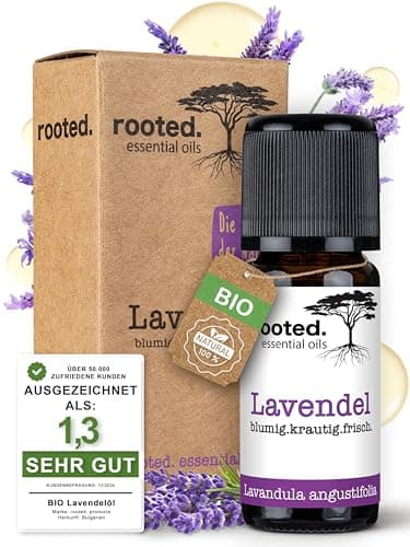 rooted.® BIO Lavendelöl 10ml [100% NATURREIN] - Echter Lavendel - Lavandula angustifolia - Ätherisches Öl für Aromatherapie, Duftlampe, Diffusoren, Raumduft, Duftkerzen und -Seifen Bio Öko