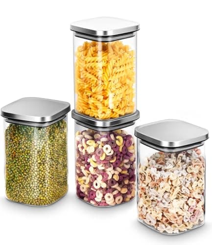 Qixora Vorratsdosen mit Deckel Luftdicht, 4er Set Vorratsgläser mit Deckel aus Edelstahl, 4x 1100ml Aufbewahrung Küche Vorratsdosen, Stapelbare Glasbehälter für Küche für Nudeln, Reis, Mehl, Pasta
