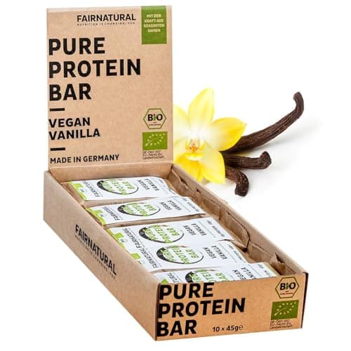 FAIRNATURAL® Protein Riegel Vegan Vanille [10x45G] - Vegane Whey Proteinriegel ohne Soja & zugesetztem Zucker - Eiweißriegel Herstellung in DE - Pflanzliche Energieriegel - Protein Bar - Snack Riegel Bio Öko Vegan