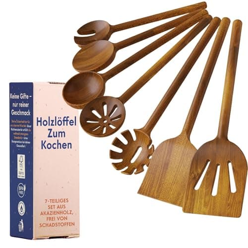 Kochlöffel Set Holz – 7-teiliges Küchenutensilien Set aus Akazienholz, klebstofffrei & aus einem Stück gefertigt, natürliche Küchenhelfer mit pflanzlicher Oberfläche, frei von Schadstoffen – Ziruma Bio Öko Vegan