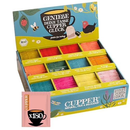 CUPPER Bio Tee Probierbox – 180 Teebeutel, 11 Sorten Kräuter-, Früchte- & Grüntee – Fair Trade, plastikfrei, buntes Geschenkset für Teeliebhaberinnen Bio Öko