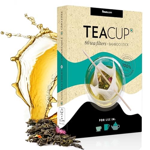 finum® TEACUP 60 Filters + Bamboo Stick Teebeutel Für Losen Tee aus Papier Kompostierbar Teefilter Papier FSC Zertifiziert Filter Für Tassen u. Kannen