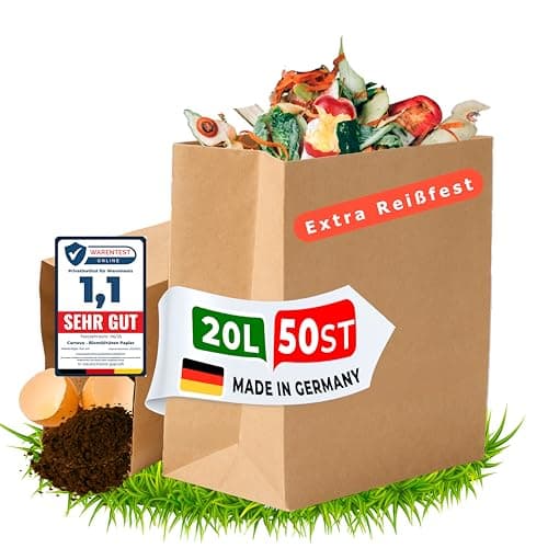 Cartevo Premium Biomüllbeutel 20L - 50 Stück Bio müllbeutel Extra reißfest &Nassfest Biomülltüten Papier für Küche Biomülleimer & Biotonne | Papiertüten plastikfrei, umweltfreundlich & kompostierbar Bio Öko