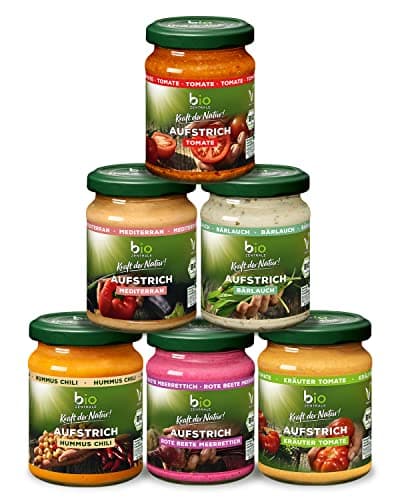 biozentrale Brotaufstriche Bestseller-Box | 6 x 125 g | vegan & laktosefrei | 6 beliebte Aufstriche im Vorteilspack | lecker auf Brot oder zum Verfeinern von Gerichten Bio Vegan