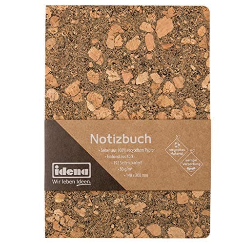 Idena 11001 - Notizbuch 20 x 14 cm, kariert, 192 Seiten, aus 100% recyceltem Papier, Einband aus Kork, 80g/m², 1 Stück, hellbraun