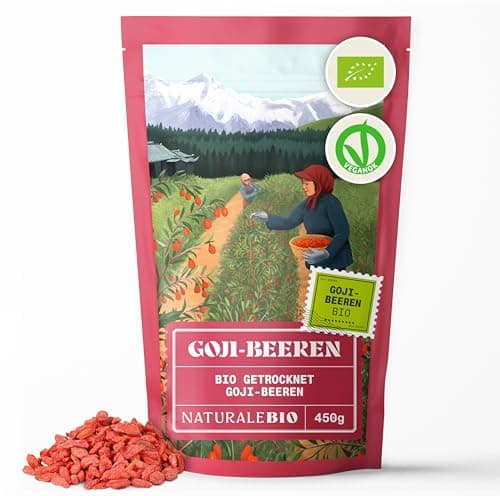 NaturaleBio Goji Beeren Bio 450g. Traditionelles chinesisches Superfood - getrocknete Früchte. Vegan, reich an Ballaststoffen, Bio und ohne GMO. Glutenfreie gesunde Snacks, Bio Öko Vegan