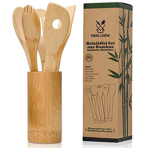 Heim.Liebe Premium Holzlöffel Set aus Bambus inklusive Behälter - Nachhaltiger Bambus (FSC) - LFGB - Deutsche Marke - Kochlöffel, Rührlöffel, Pfannenwender, Lochkelle, Gabellöffel, Behälter - Öko
