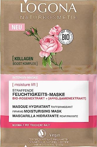LOGONA Naturkosmetik straffende Feuchtigkeitsmaske, glättende Gesichtsmaske für intensive Feuchtigkeit mit Bio-Rosenextrakt und Kollagen, vegane nährende Gesichtspflege, 2x4ml Bio Öko Vegan