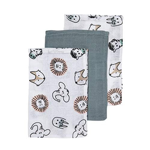 Meyco 458019 Mull/Musselin Waschlappen 3er Set, 21x17cm ANIMAL/UNI Stone Green-Weiss - Öko