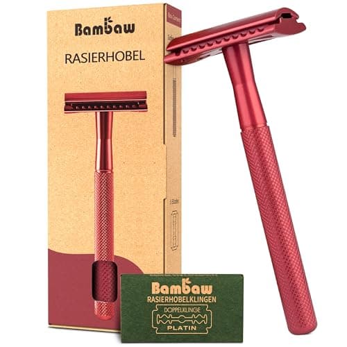 Bambaw Metall Rasierer mit 5 Rasierklingen für Rasierhobel Damen und Herren | Nassrasierer Herren und Damen | Rasierer Plastikfrei | Metall Rasierer Nachhaltig | Safety Razor | Rot Öko