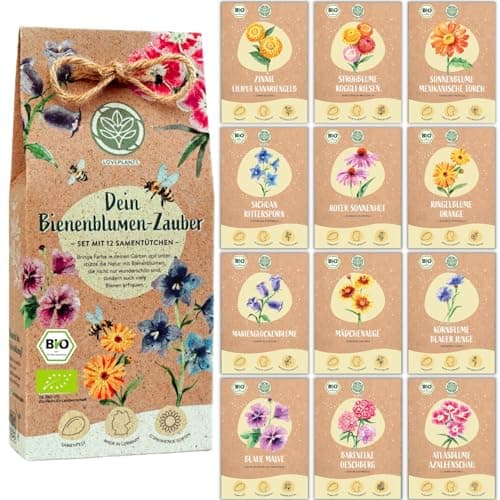 Bio Bienen Blumen Samen Set – 12 Sorten samenfeste Bio Blumensamen – mit extra viel Blumen Saatgut für deine Bienen. Schönes Pflanzensamen Set mit Wildblumensamen als Gastgeschenk. Bio