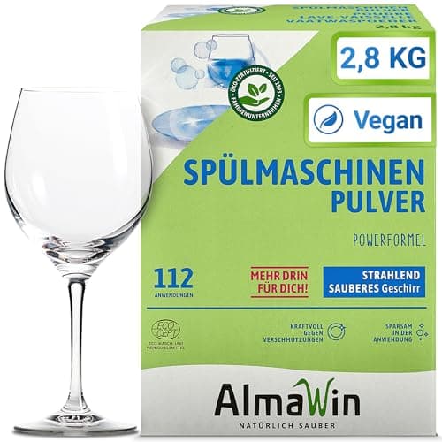 AlmaWin® Spülmaschinen Pulver mit Powerformel für strahlend sauberes Geschirr [1x2,8kg - 112 Anwendungen] - Kraftvolles Geschirrspülmittel Pulver - Ohne Phosphate, Öko & VEGAN, Dishwasher Powder Bio Öko Vegan