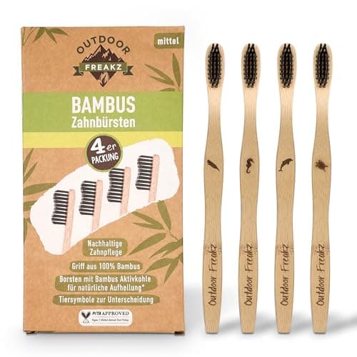 4er Pack Bambus Zahnbürste mit reinem Bambus-Holz ✮ vegan ✮ biologisch abbaubar ✮ 100% frei von BPA ✮ Borsten mit Bambusholzkohle für beste Sauberkeit (natur, 4er Packung Erwachsene) Bio Öko Vegan