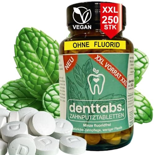 denttabs Zahnpastatabletten Minze fluoridfrei im XXL Vorratsglas 250 Tabs, ausreichend für 4 Monate natürliche Zahnpflege. Die vollwertige Alternative zu herkömmlicher Zahnpasta. VEGAN, ohne Fluorid - Öko - Vegan