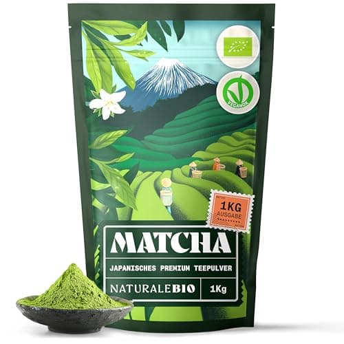 NaturaleBio Matcha Tee Pulver Bio - Premium-Qualität - 1kg. Original Green Tea aus Japan. ideal zum Trinken. Grüntee-Pulver für Latte, Smoothies, Matcha-Getränk. Hergestellt in Uji, Kyoto. Bio Öko