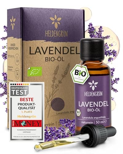 Heldengrün® BIO Lavendelöl 50 ml [Inkl. PIPETTE] - 100% naturrein - Lavandula Angustifolia - Ätherisches Öl Bio - Duftöl Lavendel - VORTEILSGRÖSSE Bio Öko