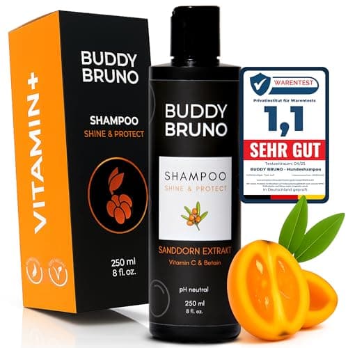 Testnote: Sehr gut - Hundeshampoo sensitiv mit Sanddorn - Fellpflege gegen Juckreiz & Geruch - 100% vegan & natürlich - für glänzendes Fell & Vitale Haut - 250ml + Reinigungs-Pad Bio Vegan