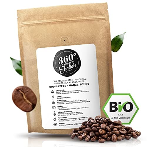 360° Premium Bio Kaffeebohnen 1000g, 100% Honduras Hochland Arabica Kaffeebohnen Bio - Köstlich, mild, säurearm - Bio Kaffee ganze Bohnen - Ideal als Kaffeebohnen Vollautomat - 360° Rundum Ehrlich